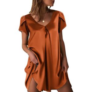image:imageEkouaer Womens Satin Nightgown Short Sleeve Sleepdress VNeck Sleepwear Loose Silk SleepshirtChocolate