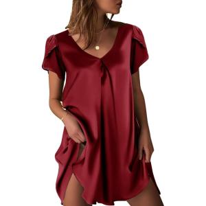 image:imageEkouaer Womens Satin Nightgown Short Sleeve Sleepdress VNeck Sleepwear Loose Silk SleepshirtWine Red
