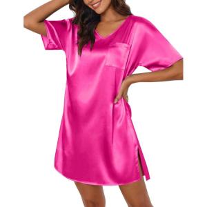 image:imageEkouaer Womens Satin Nightgowns V Neck Side Split Sleepshirt Short Sleeves Sleepwear Chest Pocket Nightshirt SXXLRose