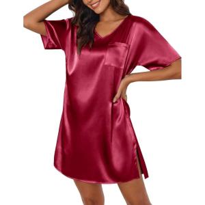 image:imageEkouaer Womens Satin Nightgowns V Neck Side Split Sleepshirt Short Sleeves Sleepwear Chest Pocket Nightshirt SXXLWine Red