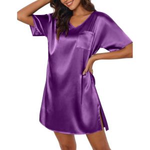 image:imageEkouaer Womens Satin Nightgowns V Neck Side Split Sleepshirt Short Sleeves Sleepwear Chest Pocket Nightshirt SXXLWineberry