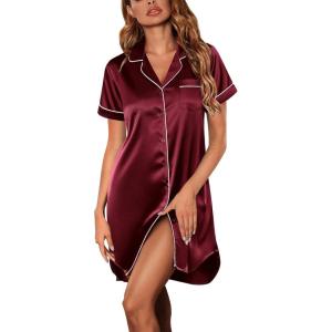 image:imageEkouaer Womens Satin Nightshirt Button Down Sleepshirt Silk Short Sleeve Nightgown Boyfriend Notch Collar SleepwearWine Red