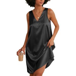 image:imageEkouaer Womens Satin Silk Nightgown V Neck Nightie Tank Sleepshirt Sleeveless Summer Dress Comfy LoungewearBlack