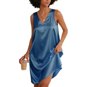 image:imageEkouaer Womens Satin Silk Nightgown V Neck Nightie Tank Sleepshirt Sleeveless Summer Dress Comfy LoungewearBlue
