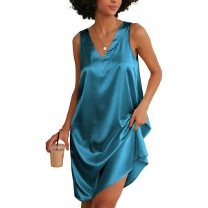 image:imageEkouaer Womens Satin Silk Nightgown V Neck Nightie Tank Sleepshirt Sleeveless Summer Dress Comfy LoungewearDark Blue