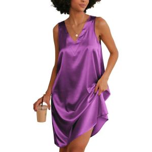 image:imageEkouaer Womens Satin Silk Nightgown V Neck Nightie Tank Sleepshirt Sleeveless Summer Dress Comfy LoungewearPurple