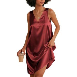 image:imageEkouaer Womens Satin Silk Nightgown V Neck Nightie Tank Sleepshirt Sleeveless Summer Dress Comfy LoungewearWine Red