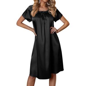 image:imageEkouaer Womens Satin Silk Pleated Nightgown Loose Sleepwear Printed Nightshirt Short Sleeve Sleep DressBlack