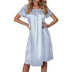 image:imageEkouaer Womens Satin Silk Pleated Nightgown Loose Sleepwear Printed Nightshirt Short Sleeve Sleep DressBlue Vertical Stripes