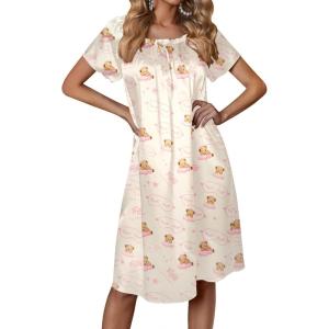 image:imageEkouaer Womens Satin Silk Pleated Nightgown Loose Sleepwear Printed Nightshirt Short Sleeve Sleep DressChampagne Teddy