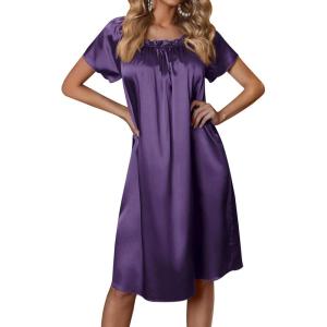 image:imageEkouaer Womens Satin Silk Pleated Nightgown Loose Sleepwear Printed Nightshirt Short Sleeve Sleep DressDeep Purple