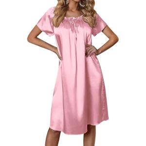 image:imageEkouaer Womens Satin Silk Pleated Nightgown Loose Sleepwear Printed Nightshirt Short Sleeve Sleep DressMedium Pink