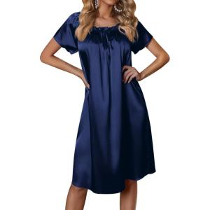 image:imageEkouaer Womens Satin Silk Pleated Nightgown Loose Sleepwear Printed Nightshirt Short Sleeve Sleep DressNavy Blue