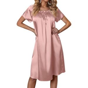 image:imageEkouaer Womens Satin Silk Pleated Nightgown Loose Sleepwear Printed Nightshirt Short Sleeve Sleep DressPink
