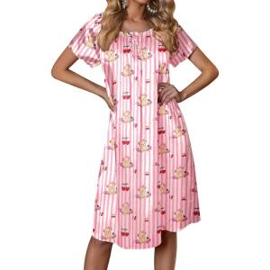 image:imageEkouaer Womens Satin Silk Pleated Nightgown Loose Sleepwear Printed Nightshirt Short Sleeve Sleep DressPink Teddy