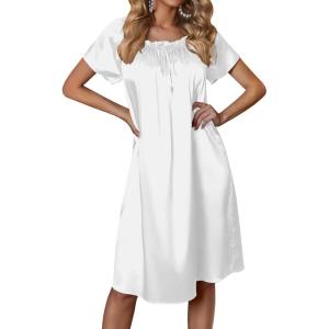 image:imageEkouaer Womens Satin Silk Pleated Nightgown Loose Sleepwear Printed Nightshirt Short Sleeve Sleep DressWhite