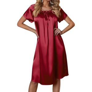 image:imageEkouaer Womens Satin Silk Pleated Nightgown Loose Sleepwear Printed Nightshirt Short Sleeve Sleep DressWine Red