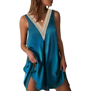 image:imageEkouaer Womens Satin V Neck Nightgown Sleeveless Tank Sleepwear NightdressBlue Green