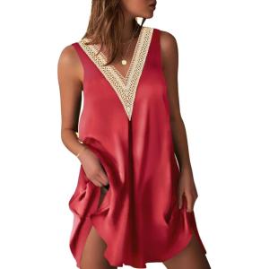 image:imageEkouaer Womens Satin V Neck Nightgown Sleeveless Tank Sleepwear NightdressRed