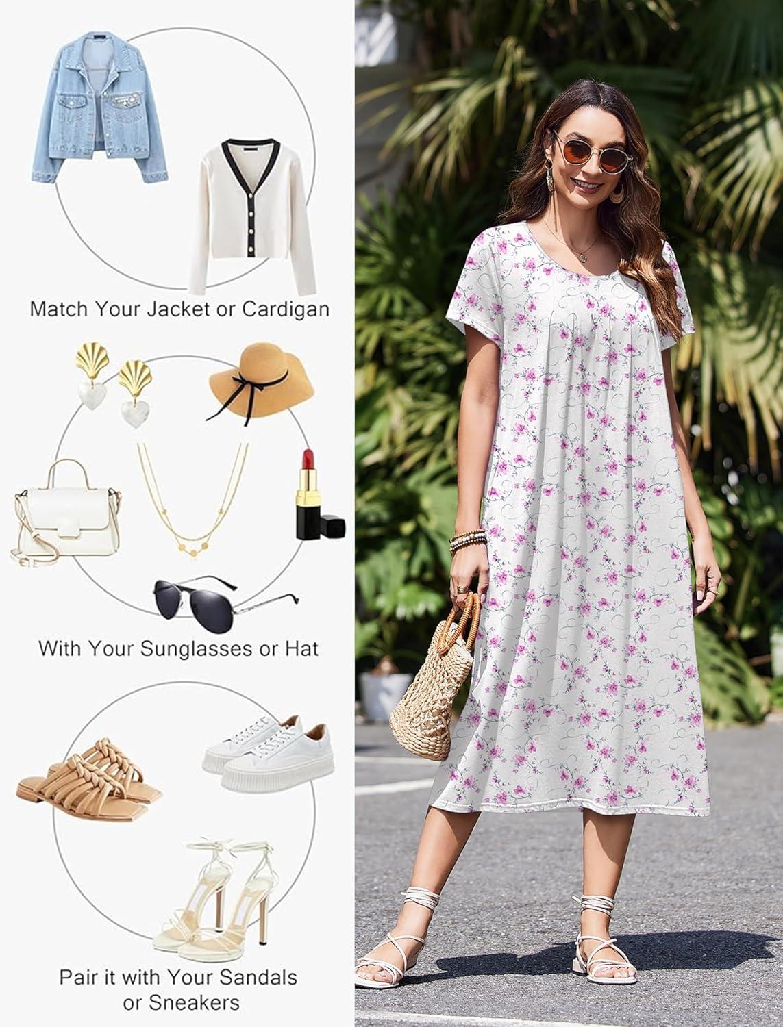 image:imageEkouaer Cotton Nightgowns for Women Long House Dresses with Pockets Plus Size Night Gowns Short Sleeve Night Shirts S3XLWatercolor Flowers Pink