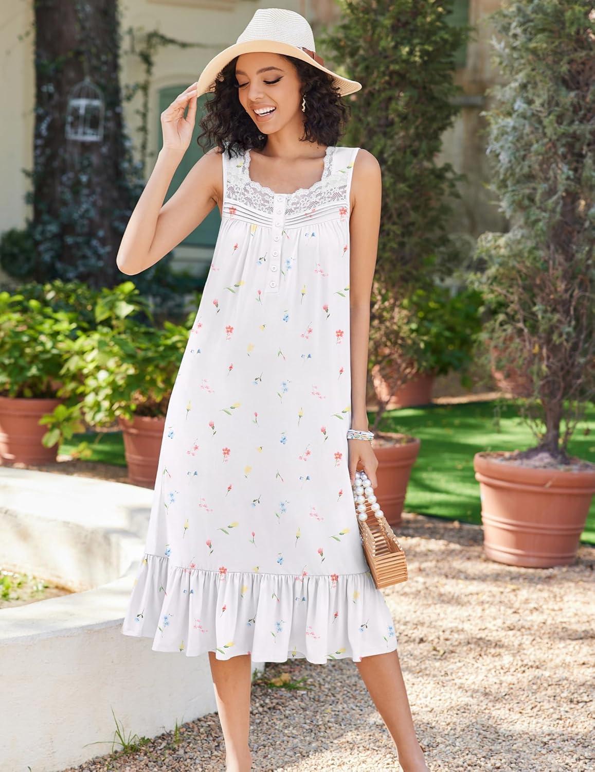 image:imageEkouaer Nightgowns for Women Sleeveless Night Gown Victorian Sleep Shirt with Pockets Ladies Pajamas Lace Trim SleepwearMulticolored Floral