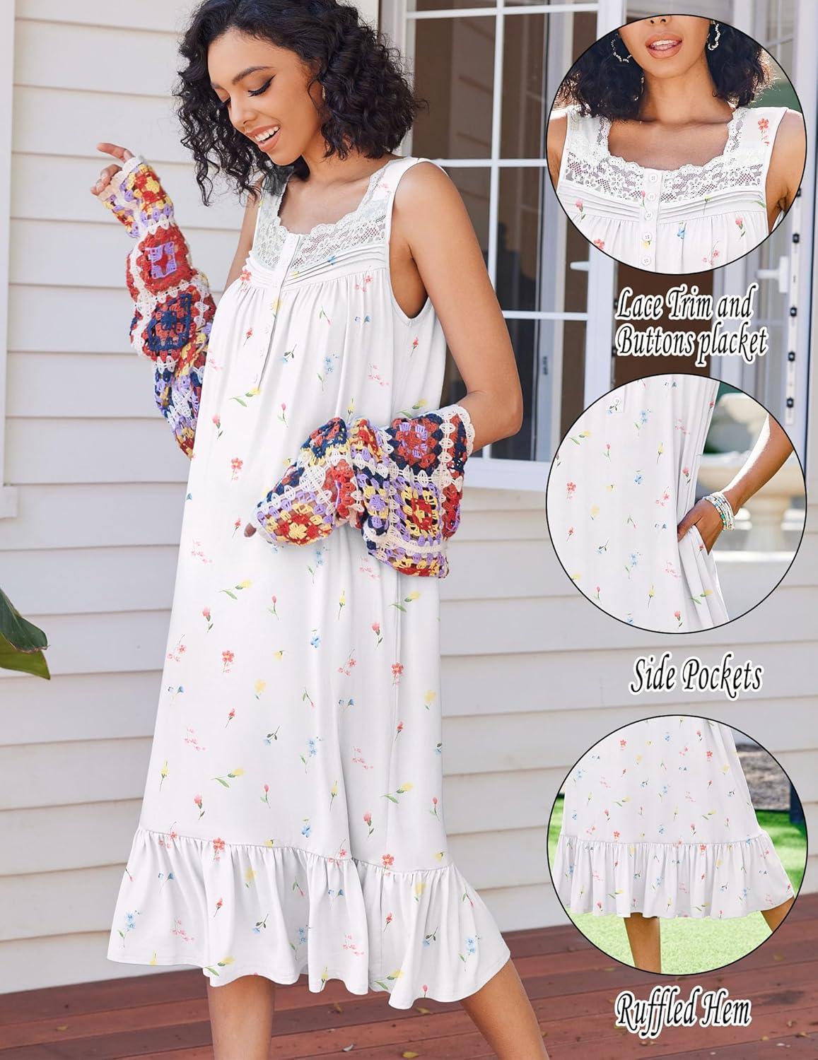 image:imageEkouaer Nightgowns for Women Sleeveless Night Gown Victorian Sleep Shirt with Pockets Ladies Pajamas Lace Trim SleepwearMulticolored Floral