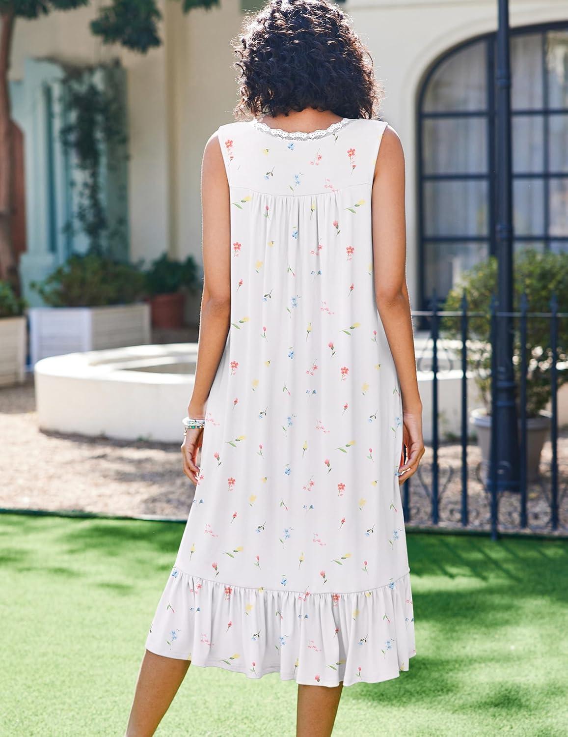 image:imageEkouaer Nightgowns for Women Sleeveless Night Gown Victorian Sleep Shirt with Pockets Ladies Pajamas Lace Trim SleepwearMulticolored Floral