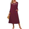 image:imageEkouaer Womens Long Sleeve Nightgown Full Length Pajama Dress with Pockets V Neck Nightshirts Lace Trim SleepwearWine Red