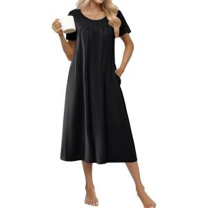 image:imageEkouaer Cotton Nightgowns for Women Long House Dresses with Pockets Plus Size Night Gowns Short Sleeve Night Shirts S3XLBlack