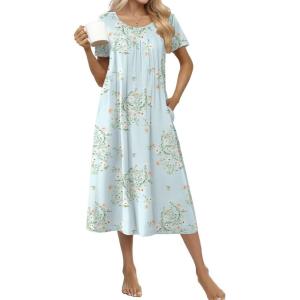image:imageEkouaer Cotton Nightgowns for Women Long House Dresses with Pockets Plus Size Night Gowns Short Sleeve Night Shirts S3XLDaisy Green