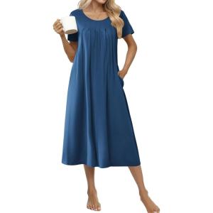 image:imageEkouaer Cotton Nightgowns for Women Long House Dresses with Pockets Plus Size Night Gowns Short Sleeve Night Shirts S3XLNavy Blue