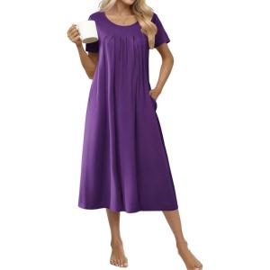image:imageEkouaer Cotton Nightgowns for Women Long House Dresses with Pockets Plus Size Night Gowns Short Sleeve Night Shirts S3XLPurple