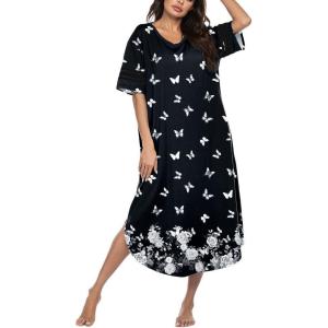 image:imageEkouaer Long Nightgown Womens V Neck Loungewear Oversized Sleepwear Loose Sleep Dress S4XLBlack Butterfly
