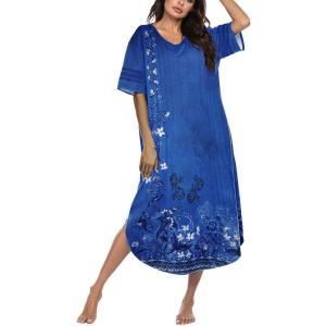 image:imageEkouaer Long Nightgown Womens V Neck Loungewear Oversized Sleepwear Loose Sleep Dress S4XLBlue Ethnic Style