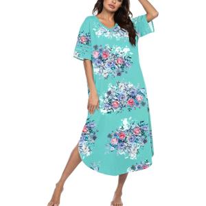image:imageEkouaer Long Nightgown Womens V Neck Loungewear Oversized Sleepwear Loose Sleep Dress S4XLBlue Floral