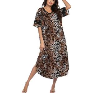 image:imageEkouaer Long Nightgown Womens V Neck Loungewear Oversized Sleepwear Loose Sleep Dress S4XLBrown Leopard Print2