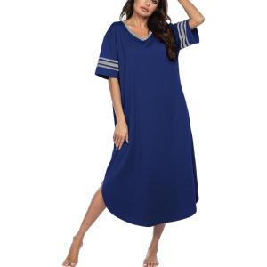 image:imageEkouaer Long Nightgown Womens V Neck Loungewear Oversized Sleepwear Loose Sleep Dress S4XLDeep Blue