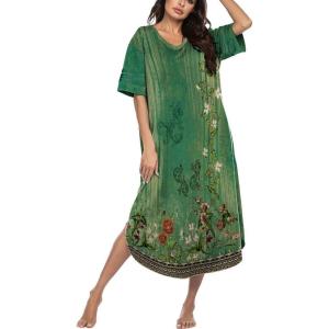 image:imageEkouaer Long Nightgown Womens V Neck Loungewear Oversized Sleepwear Loose Sleep Dress S4XLGreen Ethnic Style