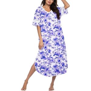 image:imageEkouaer Long Nightgown Womens V Neck Loungewear Oversized Sleepwear Loose Sleep Dress S4XLPurple Watercolor Flowers