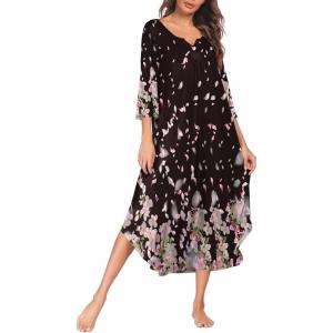 image:imageEkouaer Long Nightgown for Women 34 Sleeves Nightshirt Maxi Sleep Dress Plus Size Loungewear Full Length SleepwearBlack Begonia Flowers