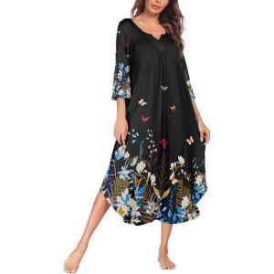 image:imageEkouaer Long Nightgown for Women 34 Sleeves Nightshirt Maxi Sleep Dress Plus Size Loungewear Full Length SleepwearBlack Floral