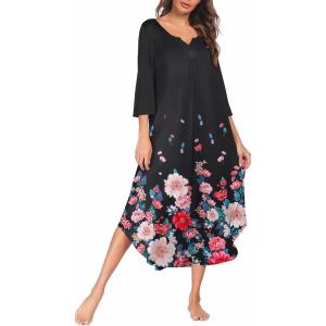 image:imageEkouaer Long Nightgown for Women 34 Sleeves Nightshirt Maxi Sleep Dress Plus Size Loungewear Full Length SleepwearBlack Little Flowers