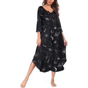 image:imageEkouaer Long Nightgown for Women 34 Sleeves Nightshirt Maxi Sleep Dress Plus Size Loungewear Full Length SleepwearBlack Star