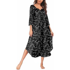 image:imageEkouaer Long Nightgown for Women 34 Sleeves Nightshirt Maxi Sleep Dress Plus Size Loungewear Full Length SleepwearBlack White Floral