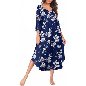 image:imageEkouaer Long Nightgown for Women 34 Sleeves Nightshirt Maxi Sleep Dress Plus Size Loungewear Full Length SleepwearBlue Floral