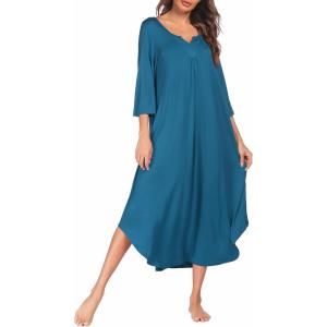 image:imageEkouaer Long Nightgown for Women 34 Sleeves Nightshirt Maxi Sleep Dress Plus Size Loungewear Full Length SleepwearBlue Green