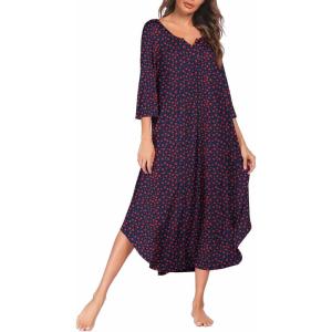 image:imageEkouaer Long Nightgown for Women 34 Sleeves Nightshirt Maxi Sleep Dress Plus Size Loungewear Full Length SleepwearBlue Red Floral