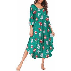 image:imageEkouaer Long Nightgown for Women 34 Sleeves Nightshirt Maxi Sleep Dress Plus Size Loungewear Full Length SleepwearChristmas Green