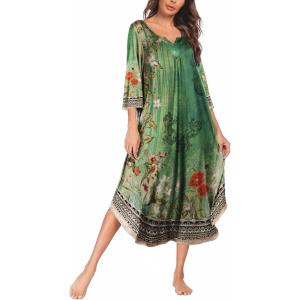 image:imageEkouaer Long Nightgown for Women 34 Sleeves Nightshirt Maxi Sleep Dress Plus Size Loungewear Full Length SleepwearGreen Floral