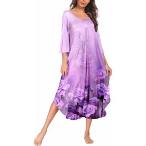 image:imageEkouaer Long Nightgown for Women 34 Sleeves Nightshirt Maxi Sleep Dress Plus Size Loungewear Full Length SleepwearLight Purple Flower